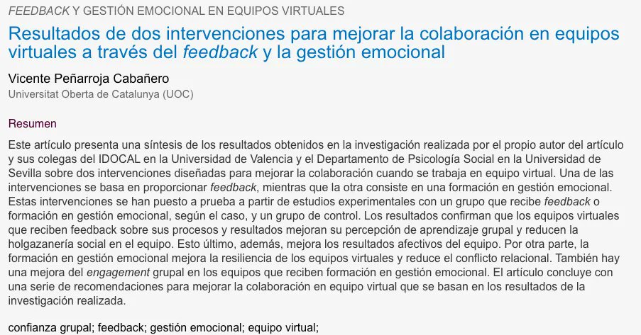 erimbau's tweet photo. Resultados de dos intervenciones para mejorar la colaboración en #equiposvirtuales a través del #feedback y la gestión emocional
Por Vicente Peñarroja
https://t.co/WJpcIxhH1I https://t.co/vmYvuWIqk3