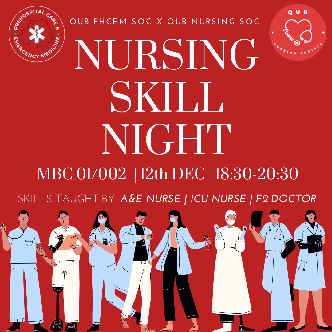 NURSING SKILL NIGHT 💉💉
In collab with <a href="/TheQNS_/">QUB Nursing Society</a> 

🗓12th December 
⏰ 6:30pm to 8:30pm
📍MBC 01/002

REGISTER - forms.office.com/e/g8BPJvHG40

We have an A&amp;E nurse, ICU nurse and F2 doctor coming to do the skill stations🩺🩺
<a href="/QUBMedEd/">QUB Centre for Medical Education</a> <a href="/QUBSONM/">QUBNursing&Midwifery</a>