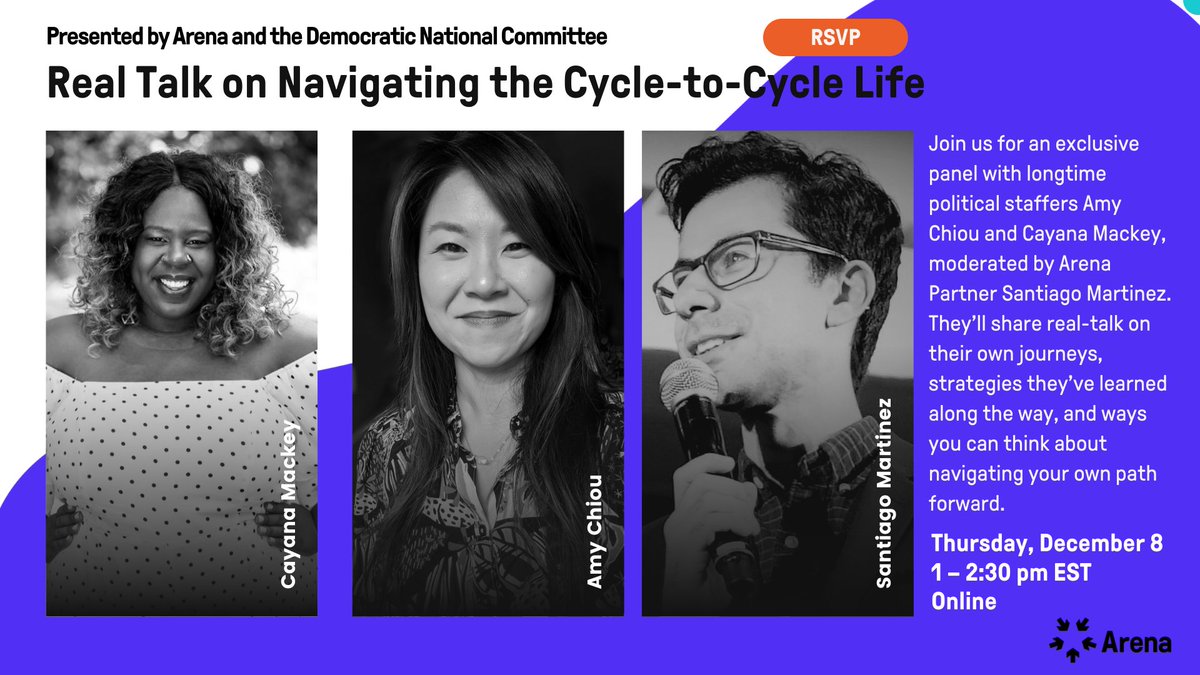 arenasummit's tweet photo. Join us 12/8 for an exclusive panel w/ longtime political staffers @amychiou &amp; @CayanaMackey. They’ll share real-talk on their own journeys, strategies they’ve learned along the way, and ways you can think about navigating your own path forward. RSVP: https://t.co/7CvZsZXgC0 https://t.co/03bNcUz9yW