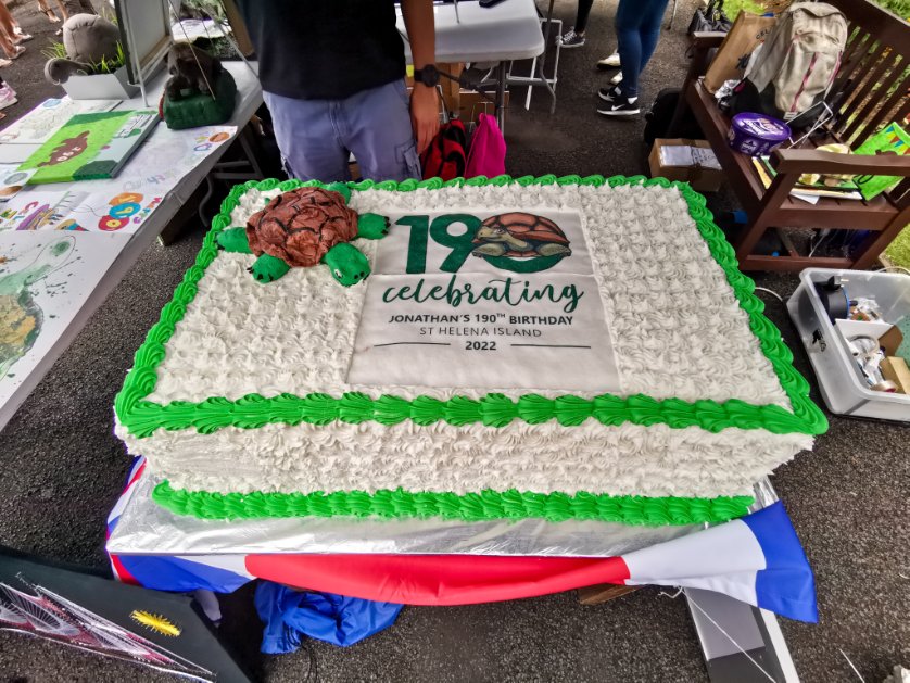 AlasdairBain's tweet photo. Was able to join Jonathan the tortoise as he celebrated his 190th birthday yesterday on St Helena. He hosted it at the house where he's lived for the last 140 years! He had a birthday cake made from his favourite veggies and everyone else had a slice of something more traditional https://t.co/WKyuFV313G