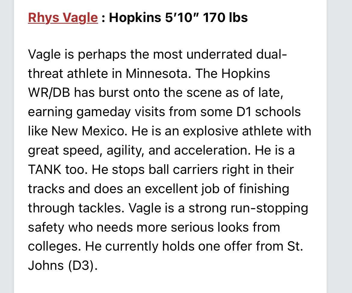 Thank you <a href="/MNFBSpotlight/">MNFootballSpotlight</a> and <a href="/PrepRedzoneMN/">Prep Redzone Minnesota</a> for the write up!!