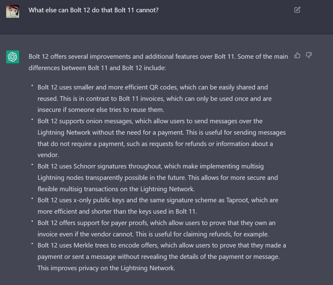 ChatGPT and Bolt 12 vs Bolt 11:

cc: <a href="/rusty_twit/">TheRustyTwit</a>