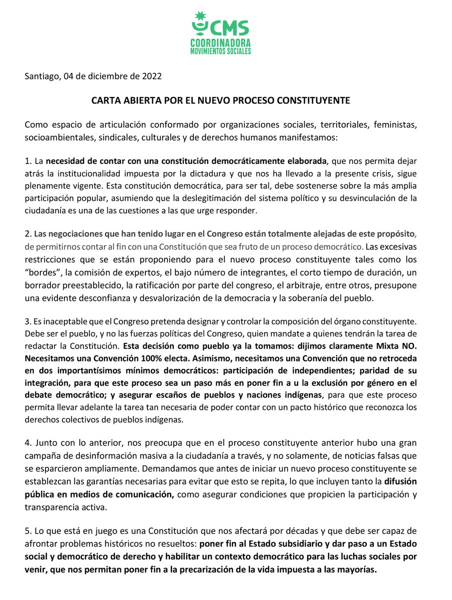 JavieraManzi's tweet photo. 📢Carta abierta de la Coordinadora de Movimientos Sociales respecto a #NuevaConstitucion:
"Esta decisión como pueblo ya la tomamos: dijimos claramente #MixtaNO. Necesitamos una Convención 100% electa, paritaria, con escaños indigenas y participación d independientes" https://t.co/6PW0kECEnE
