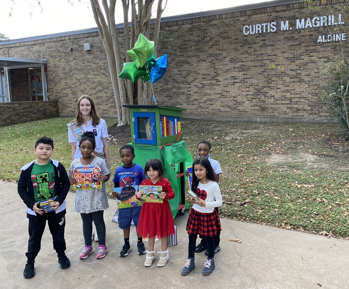 Thank you @literacynowhtx for connecting us with a wonderful Girl Scout who blessed us with a Story Swap Library! Our community will love it! Our Mustangs already do! #AldineConnected #GreatnessTogether @Primary_AISD @AldineISD