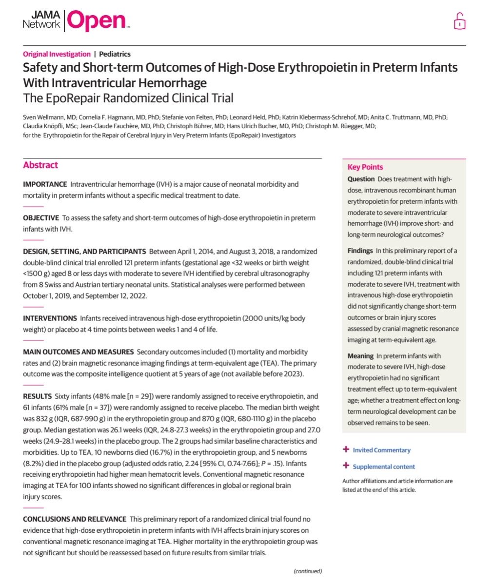 Atul_Monash's tweet image. Does Epo help in any neonatal brain injury? 

Short-term outcomes of EpoRepair trial out in @JAMANetworkOpen 
jamanetwork.com/journals/jaman…

Erythropoietin in preterm infants with IVH did not improve brain  injury scores at TEA &amp;amp; may increase mortality.

#neoTwitter @EBNEO @ESPR_EBN