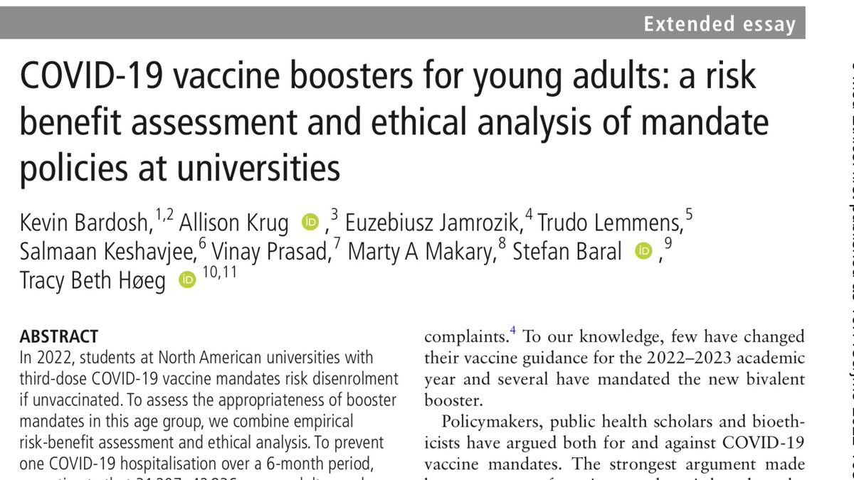 📢Read our new paper: Analysis suggests Covid-19 boosters likely to cause a net clinical harm to young adults(18-29 yr), where total severe adverse events (SAEs) will outweigh Covid hospitalizations averted Booster mandates are unethical because:1/13🧵 jme.bmj.com/content/early/…