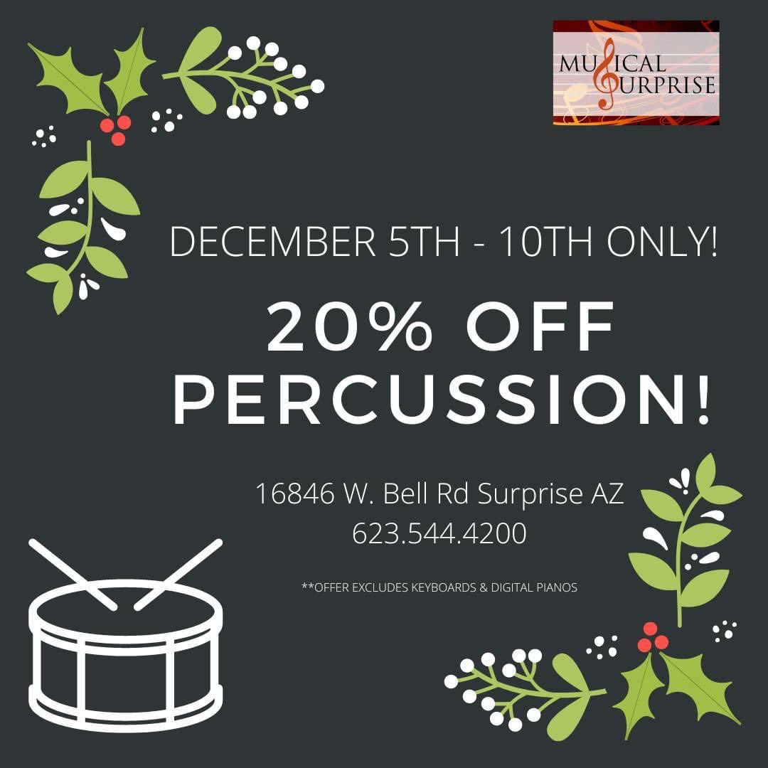 Stop by our retail store this week for a deal on Percussion instruments and accessories! 20% off, a great time to get those stocking stuffers, or a new kit for your percussionist to enjoy this holiday season!

#westvalleyaz #musicgearaz #shopsmallthischristmas #musicalsurprise