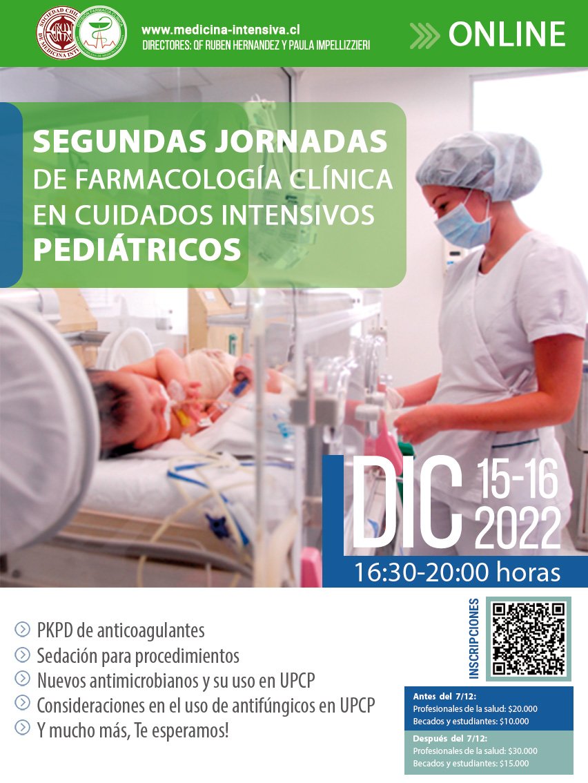 📌 #Agéndalo La próxima semana se realizarán las "Segundas jornadas de Farmacología Clínica en Cuidados Intensivos Pediátricos".
¡Inscríbete antes del 7/12!
Más información acá: acortar.link/EMPZ5p