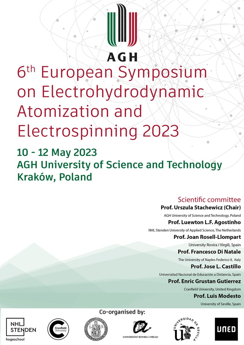 UStachewicz's tweet photo. The 6th European Symposium on Electrohydrodynamic Atomization and Electrospinning is coming 10-12th of May 2023 in Krakow, Poland #AGH #EHDA #electrospinning #electrospray #eufunded #ERCStG #funduszeeuropejskie #funduszeue #ERC https://t.co/Tf0EfOTwpR