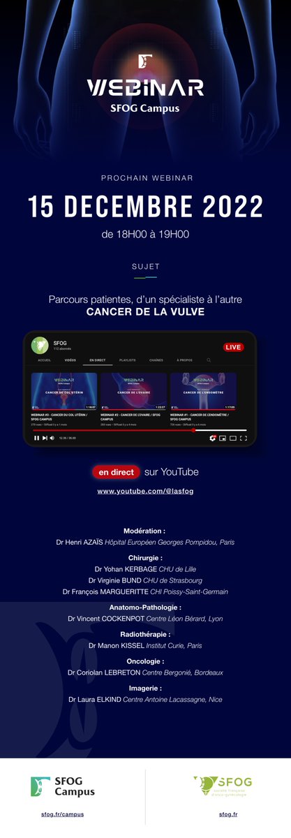 Suivez en direct ou en replay notre prochain webinaire 
<a href="/SfogC/">SFOG campus</a> sur la prise en charge des patientes avec un cancer de la vulve.

👉15 décembre 2022 à 18h👈
youtube.com/@lasfog 

<a href="/la_sfog/">la SFOG</a> 
<a href="/FRANCOGYN1/">FRANCOGYN</a> 
<a href="/sfcpcv/">SFCPCV</a> 
<a href="/SFCOnco/">SFCO</a> 
<a href="/leCNGOF/">CNGOF</a> 
@congresSFRO 
<a href="/SCGP_officiel/">SCGP</a>