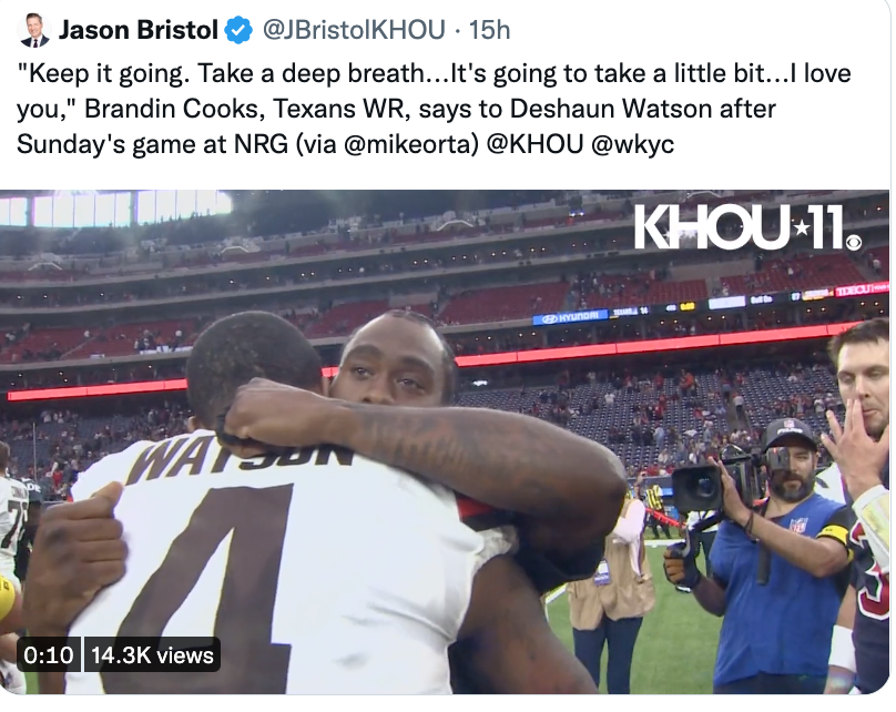 peterpattakos's tweet photo. The real story was "Texans captains and players display their support for Deshaun Watson on field after #Browns win." ESPN's @Jake_Trotter and others buried that story to go with "Watson struggles, is booed." The latter is propaganda, not journalism. https://t.co/Eyb7yEO9DJ