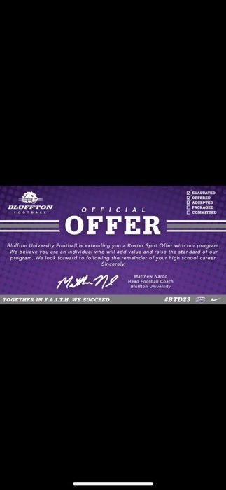 bigmank_00's tweet photo. After a conversation with ⁦@coachcake2020⁩ I’m grateful to receive my 5th college offer from ⁦@BlufftonFB⁩ https://t.co/2BUO6Al1NB
