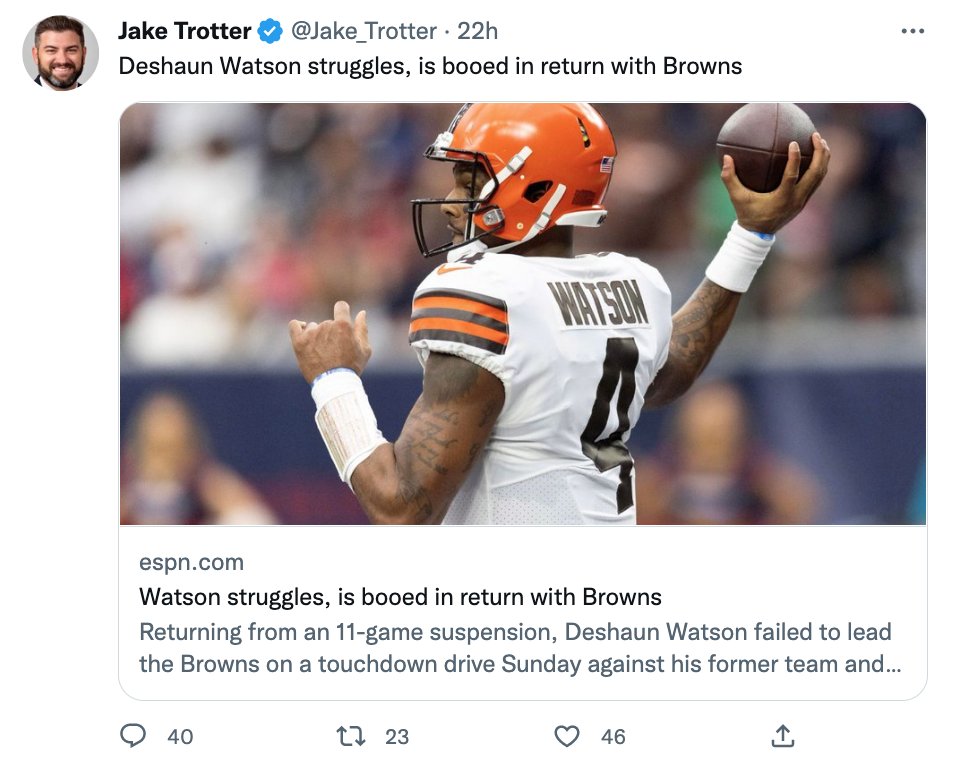 peterpattakos's tweet photo. The real story was "Texans captains and players display their support for Deshaun Watson on field after #Browns win." ESPN's @Jake_Trotter and others buried that story to go with "Watson struggles, is booed." The latter is propaganda, not journalism. https://t.co/Eyb7yEO9DJ