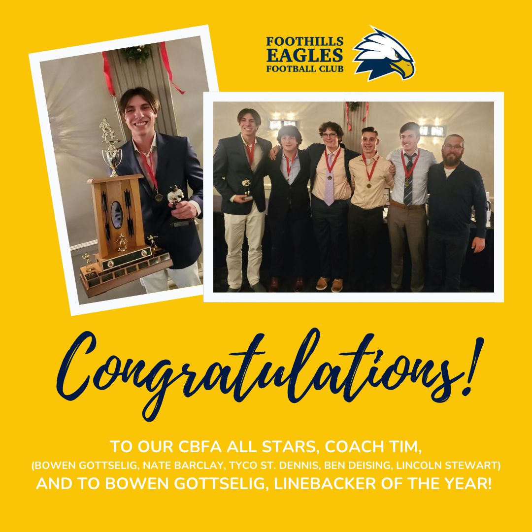 FoothillsEagles's tweet photo. Congratulations to our CBFA All Stars (Bowen Gottselig, Nate Barclay, Tyco St. Dennis, Ben Deising, Lincoln Stewart, Coach Tim) for an incredible season, we hope you enjoyed your banquet!

Bantam Eagles player Bowen Gottselig was also awarded with Linebacker of the Year! https://t.co/Ql3kSqBIrQ