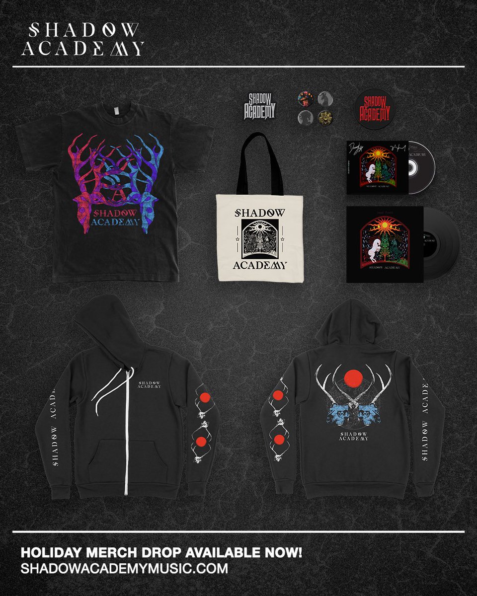 shadowacademyxx's tweet photo. New Merch + Holiday Sale! Get excited, we have NEW T-shirt and hoodie designs in and have added tote bags, patches and pins. Also for the holidays: up to 20% off bundles, vinyl, signed CDs and past clothing lines. Thank you all for your listening, love and support! xo ๐ค๐ป https://t.co/71g1RzZmXf