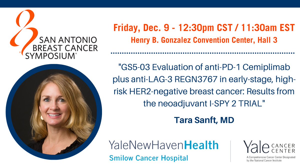 YaleCancer's tweet photo. Today at 12:30pm CST, Dr. Tara Sanft @tarasanftmd will present results from the neoadjuvant I-SPY 2 TRIAL in Hall 3 #SABCS22 #clinicaltrial #HER2negative #breastcancer #bcsm @SmilowCancer @YaleMed @YNHH @YaleBreast @SABCSSanAntonio https://t.co/PGw77bncxW