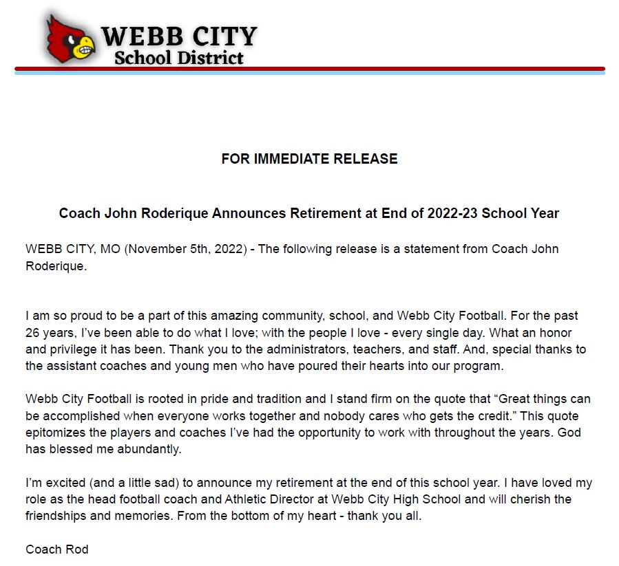 Cardinal Community:

Please see the following press release from Coach John Roderique