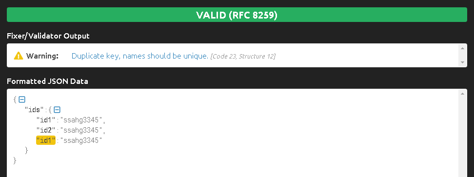 bartfromnl's tweet photo. RFC 8259 allows dupicate keys, I'm not sure if I agree with this https://t.co/oGPhDt1E3W