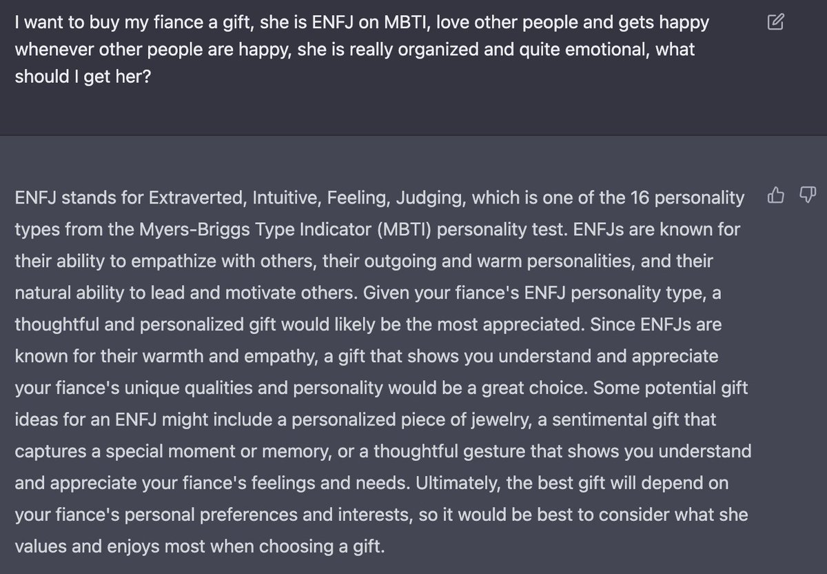 ChatGPTPrompts's tweet image. I want to buy my fiance a gift, she is ENFJ on MBTI, love other people and gets happy whenever other people are happy, she is really organized and quite emotional, what should I get her?