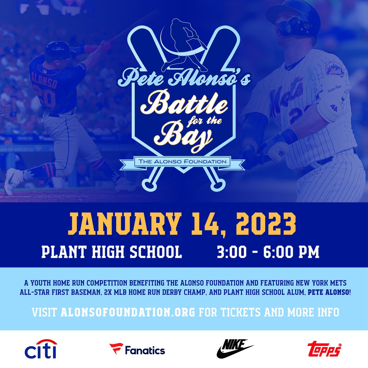 SportsTampaBay's tweet photo. MLB All-Star, @Mets 1st Baseman and Tampa native Pete Alonso will host The Alonso Foundation's inaugural Battle for the Bay ⚾ at his alma mater Plant High School on January 14. Spectator tickets are now available online.

🎟️: https://t.co/BTMtd8Gn6Z
📰: https://t.co/ci1dhReQP9 https://t.co/gXBIgopDZv