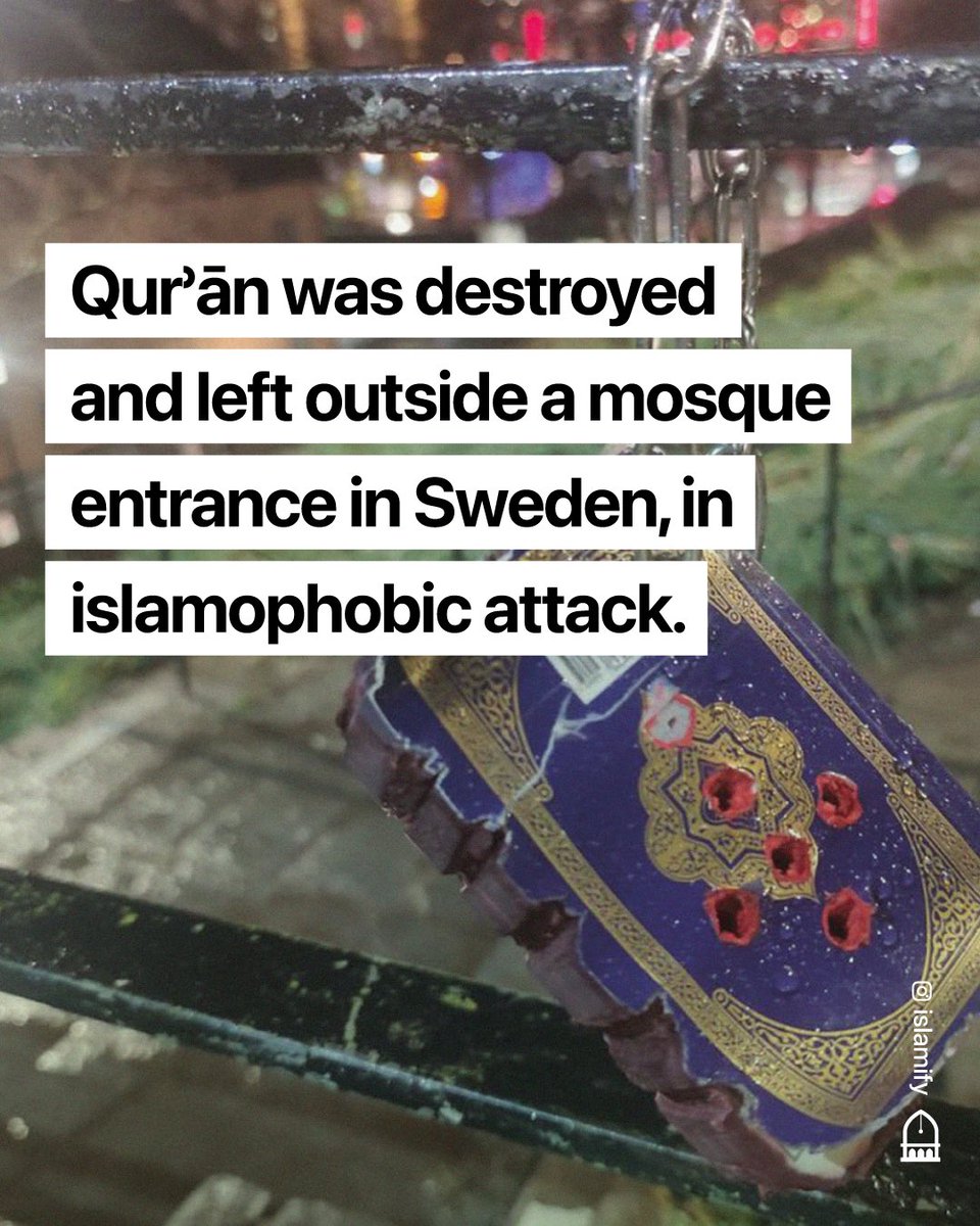 Alhamdhulillaah's tweet photo. A Qurʾān was destroyed and left outside near the entrance of Stokholm Mosque, Sweden.

The mosque said that it and it's congregation have frequently received threats, and the mosque has been subjected to islamophobic attacks before. https://t.co/OaGk2ptPTA