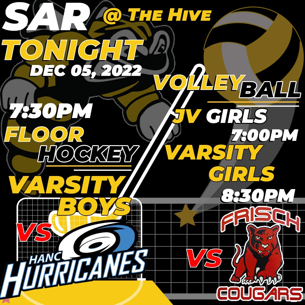 Tonight is an action packed night of games! Both the Varsity and JV Girls Volleyball teams face off against Frisch while the Varsity Boys Floor Hockey team go head to head against the HANC Hurricanes... The Hive Is A'Buzzin... Let's Go Sting! #stingsports <a href="/sarhighschool/">SAR High School</a>