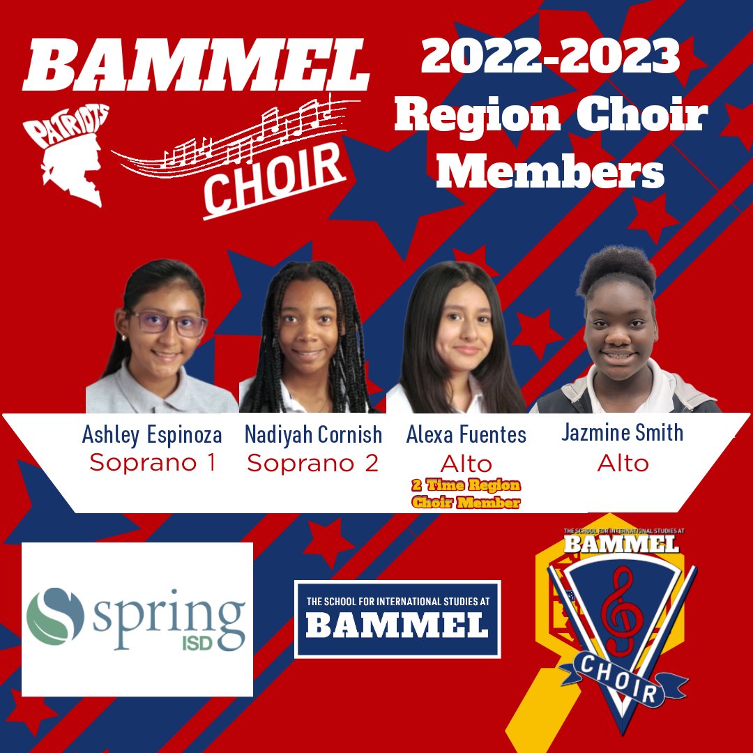 Region Choir results are in! Say hello to your 2022-2023 Region Choir Members! <a href="/BMSPatriots/">Bammel Middle School</a> <a href="/SpringISDPVA/">Spring ISD Performing and Visual Arts</a>
