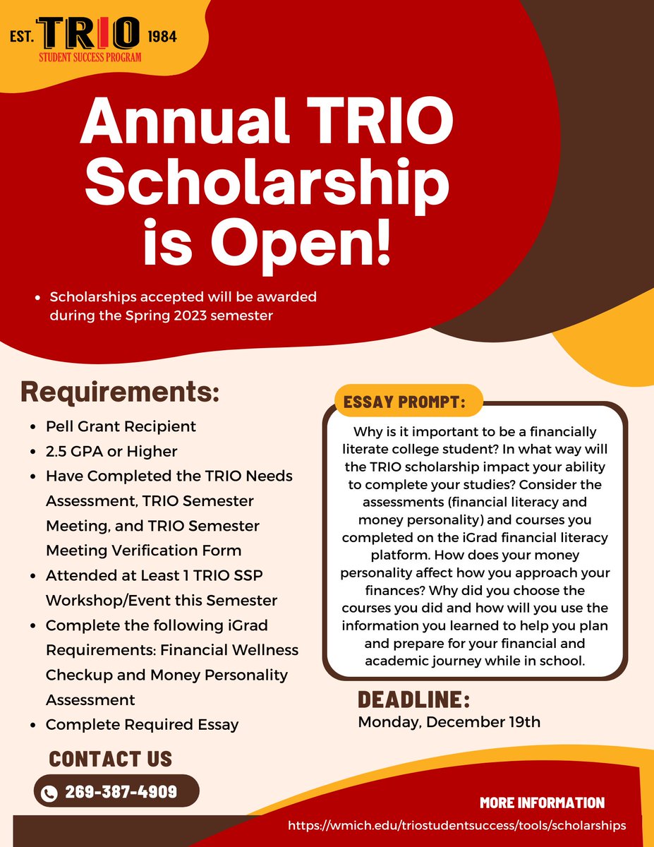 wmutriossp's tweet photo. Hello TRIO SSP Students! The Annual TRIO Scholarship is now open to all Western Michigan University TRIO SSP Members! 💵📚

DEADLINE: Monday, December 19th, 2022 https://t.co/ZZ9iSSzcpn