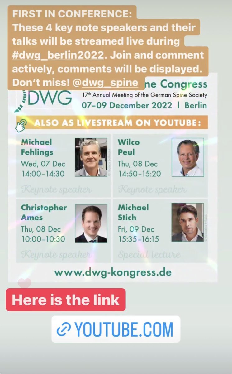 Join the #YouTube Live Stream featuring our 4 #dwg_berlin2022 key note speakers and comment on the messages. Here is the link youtube.com/@DWirbelsaeule… <a href="/EANSonline50/">European Association of Neurosurgical Societies</a> <a href="/EUROSPINESoc/">EUROSPINE</a> <a href="/AOSpine/">AO Spine</a> <a href="/NASSspine/">NASS</a>