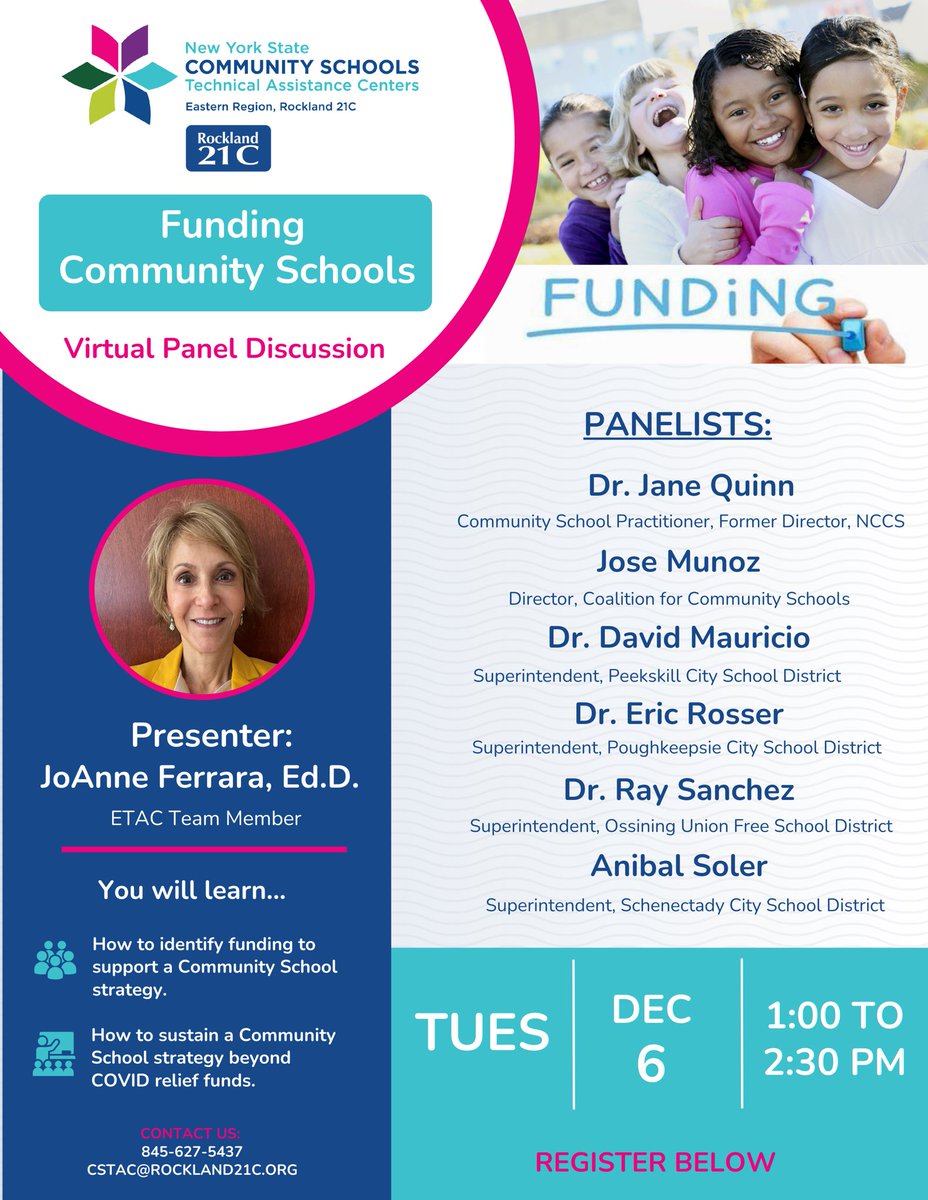 Consider joining me and my colleagues tomorrow as we talk about various ways of funding community schools in New York. Amazing virtual panel <a href="/Munoz4Youth/">Jose Munoz</a> <a href="/DrMauricio/">Dr. David Mauricio</a> @OssiningSup <a href="/JoAnneFerrara/">JoAnne Ferrara</a> <a href="/NYSCSTAC/">New York State Community Schools TAC</a> <a href="/ETACNYS/">NYSED Community Schools ETAC</a> #communityschools #Funding