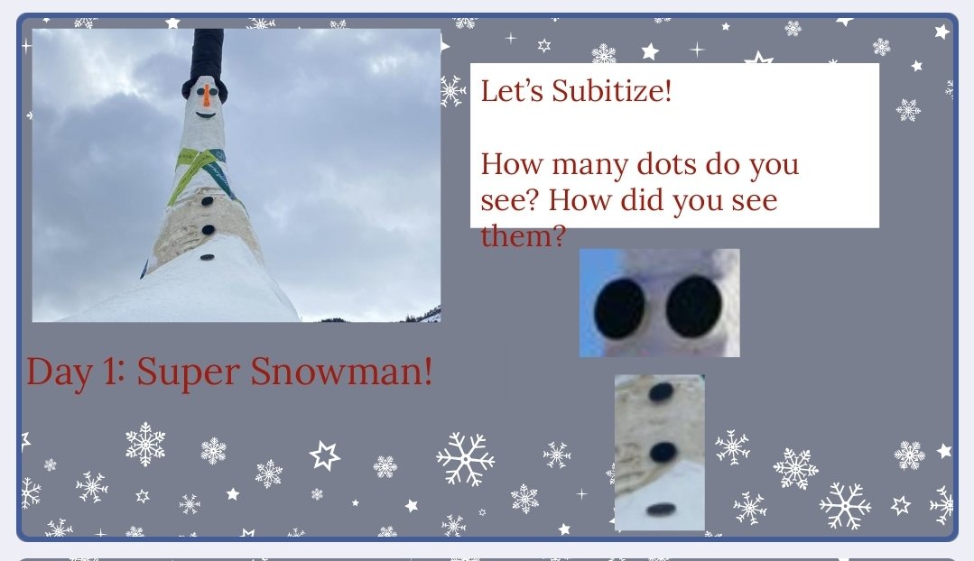 MissTaylorOCT's tweet photo. R said, "I see ten...
3 buttons, 2 scarves, 2 eyes, one nose, one mouth, one hat
A said, "The eyes can be two dots. So it is two and three which is five!"
@tvdsbmathk8 @PAlgonquin #subitize #room157 https://t.co/5sG8aiX68E