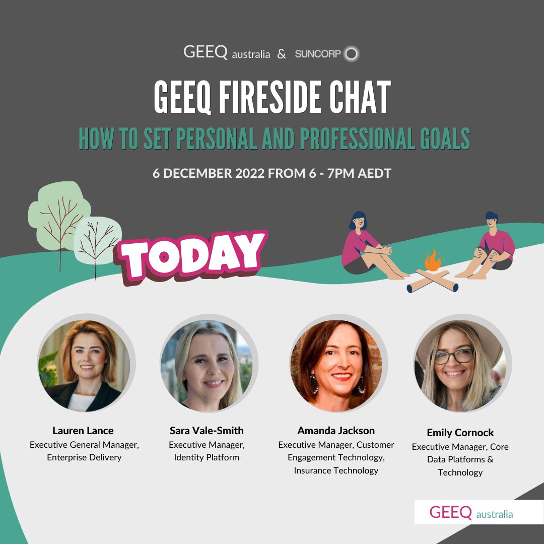 Our last GEEQ Fireside Chat of 2022 is on tonight! We have teamed up with Suncorp to debunk goal setting. 
If you haven't already, secure your spot now bit.ly/3XqvnWB 

#GEEQ #womenintechnology #womeninstem #iamengineer #careerdevelopment