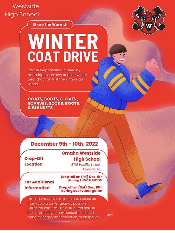Please help support the <a href="/Westside66/">Westside Community Schools</a> community this Friday &amp; Saturday! A few of our amazing student athletes <a href="/AlvanoTristan/">Tristan Alvano</a> <a href="/CubrichCurt/">Curt Cubrich #34</a> <a href="/KadenJGuzman/">Kaden Guzman</a> are putting on a winter coat drive! Donate during lunch mods Friday, and Saturday during basketball games!