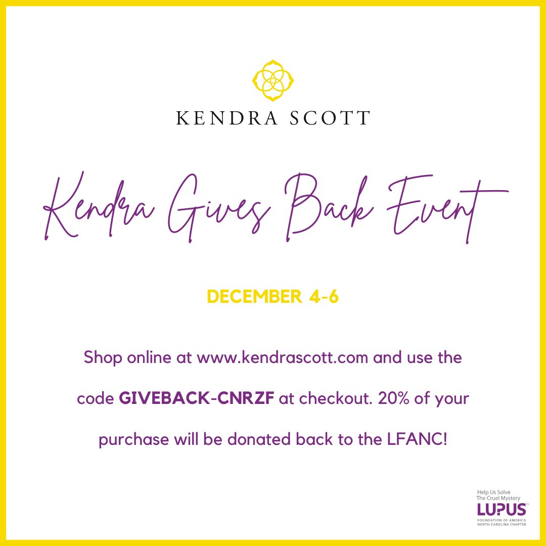 LupusNC's tweet photo. Shop online at https://t.co/T4qrVRceYm and use the code GIVEBACK-CNRZF at checkout. 20% of your purchase will be donated back to the LFANC! The online give back code will be active today and all-day tomorrow!
#LFANC #Lupus #KendraScott https://t.co/P8eJCqkw0d