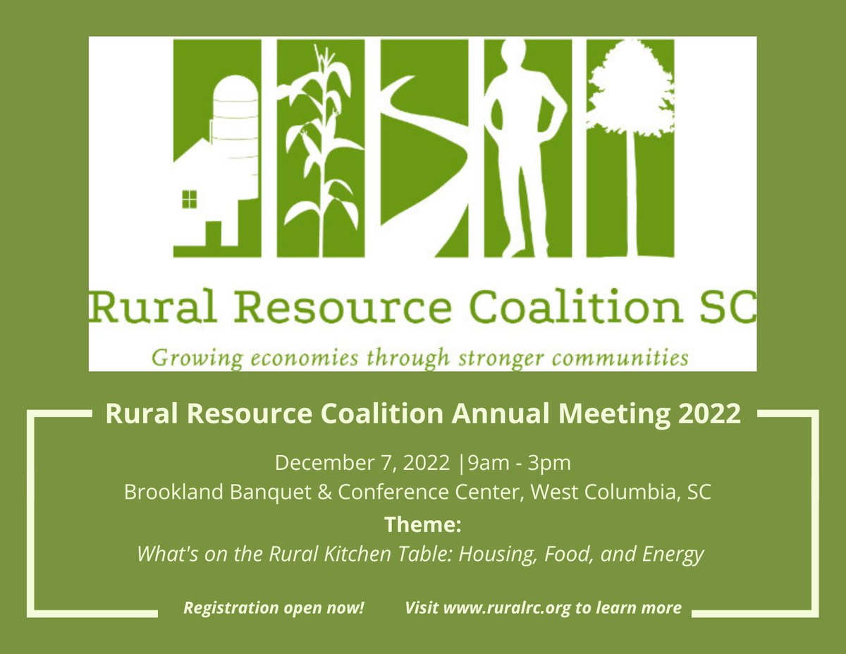 Last chance to buy your ticket to the RRC 2022 Annual Meeting! 

Join us this Wednesday in West Columbia where we'll focus on the theme "What's on the Rural Kitchen Table: Housing, Food, and Energy." Grab your ticket for only $10 here: bit.ly/3Dx3aE9