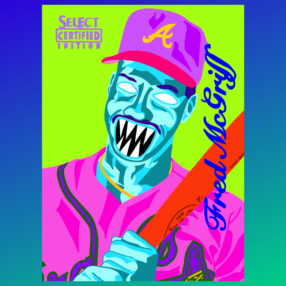 NeonBlackTiger's tweet photo. Congrats to the newest #HallofFame electee, #FredMcGriff. The #CrimeDog is deserving of this #HOF election! #McGriff was a 5x #AllStar, 3x Silver Slugger winner, 2x #HomeRun leader and World Series champ in '95 with the #Atlanta #Braves. Welcome to the hall! #CardArt #NeonTerror https://t.co/c5E8Q7U4ot