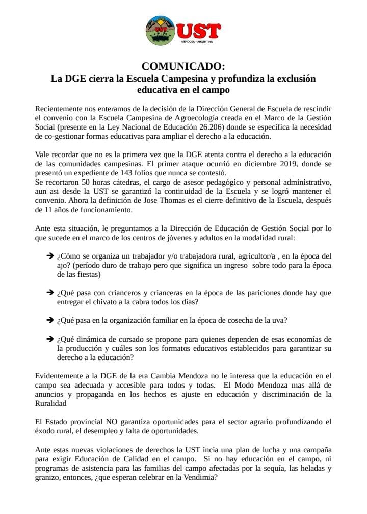 MNCI_ST's tweet photo. #Mendoza #Urgente #cefic
Comunicado ante un nuevo intento de Cierre de la Escuela Campesina Agroecologia Ust por parte del gobierno provincial
Escuela Campesina ..... Un derecho que camina
@USTierra
@CLOC_LVC
@via_campesinaSP https://t.co/lYbKfWDUYq
