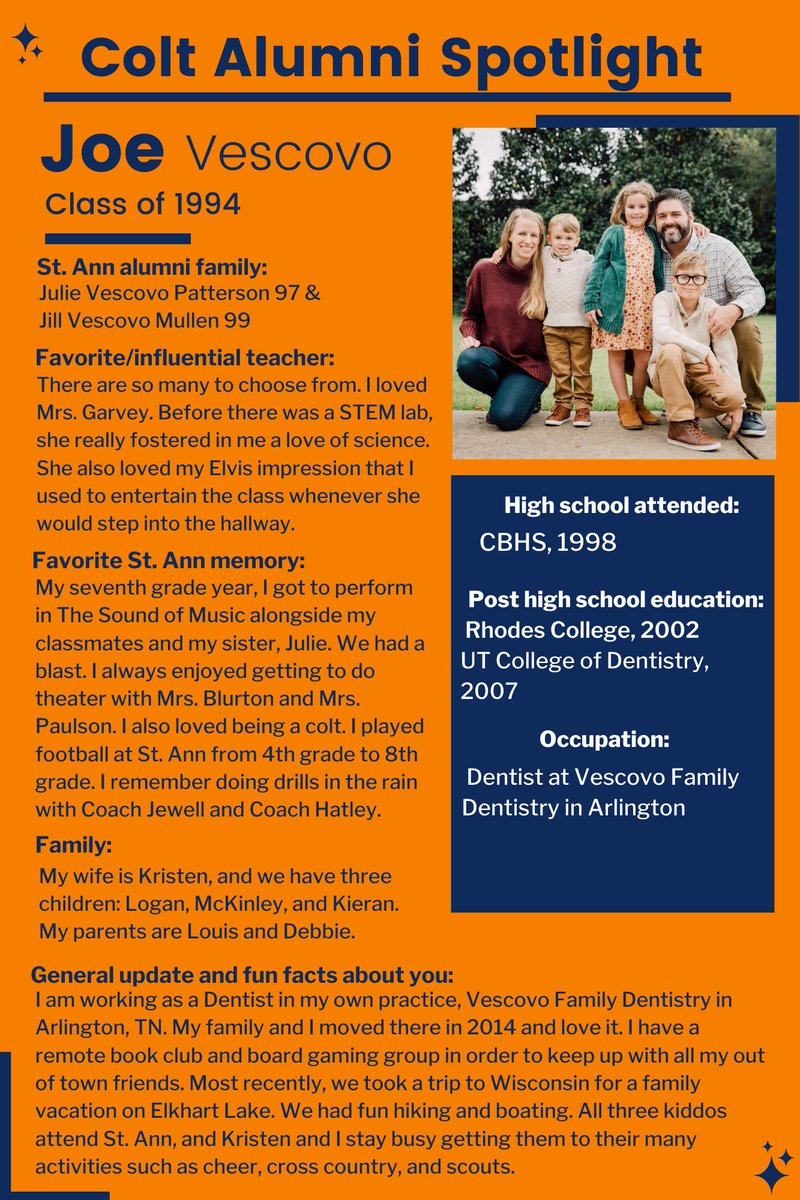 stannschool's tweet photo. Check out our latest alumni profile. If you graduated from St. Ann, make sure and fill out the form below so you can stay in touch with us!
https://t.co/SYgYDzmCkE https://t.co/vZ2fUlwNzb