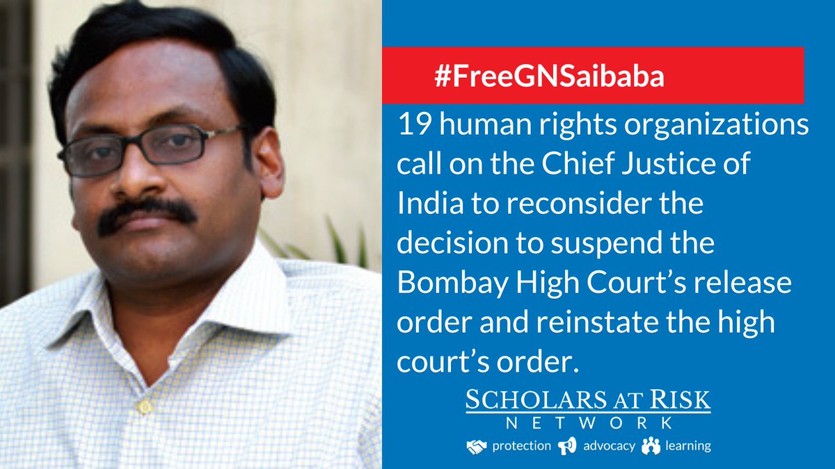 ScholarsAtRisk's tweet photo. Today, we joined 18 organizations in asking the Chief Justice of #India to review Professor Gokarakonda Naga Saibaba’s case and to and reinstate the Bombay High Court’s October 14 order to release him.
https://t.co/k41AsXa7SK
A thread https://t.co/WD80ECAwzv