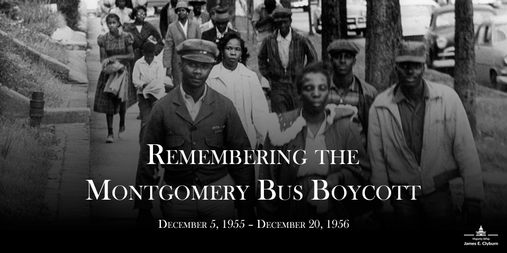 RepJamesClyburn's tweet photo. On this day 67 years ago, the Montgomery Bus Boycott began as Rosa Parks awaited trial following her brave refusal to give up her bus seat to a white man.  

The bus boycott led to the desegregation of Montgomery’s bus system and became a catalyst of the Civil Rights movement. https://t.co/w3JufVs2VE