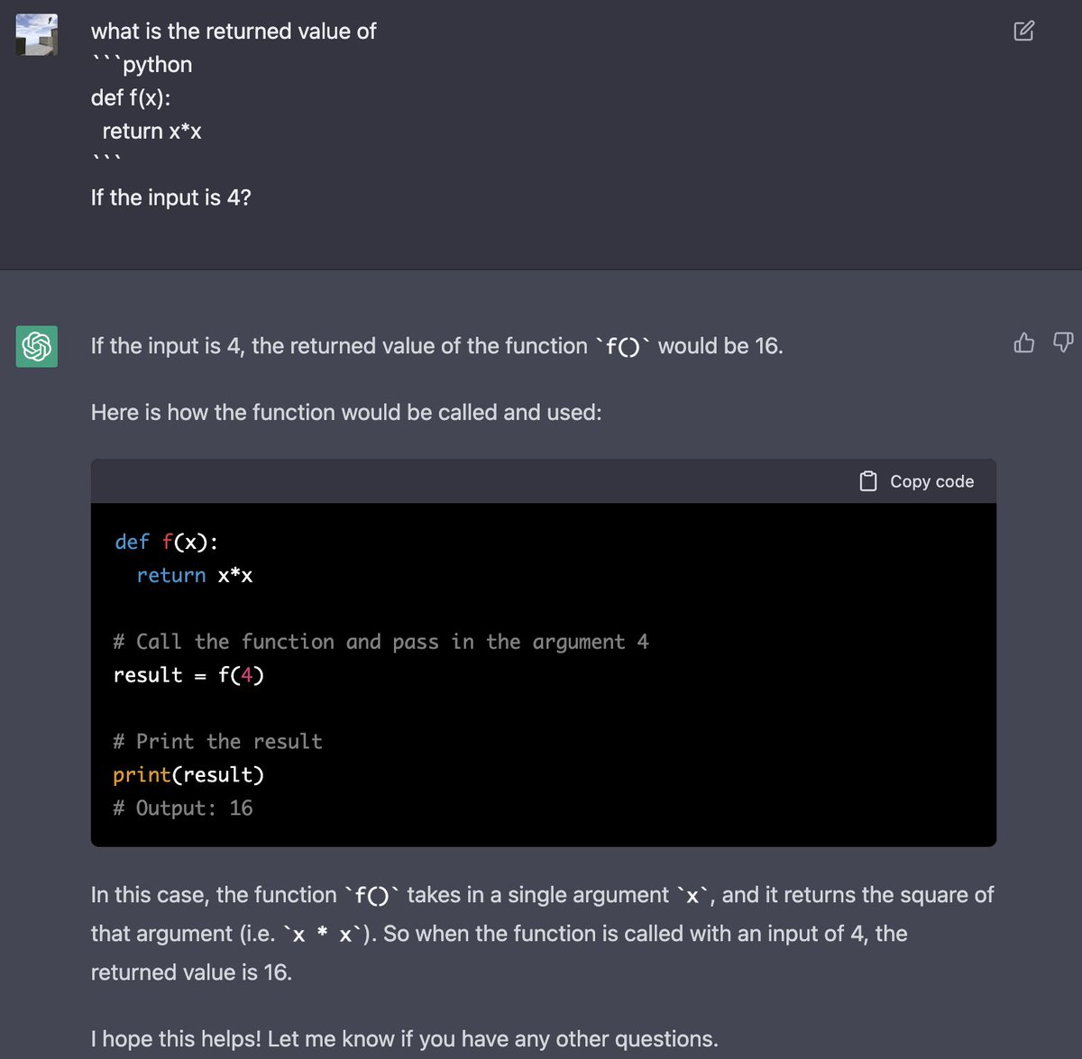 If you don't have Python interpreter installed on your computer, just let Chat GPT evaluate your code...