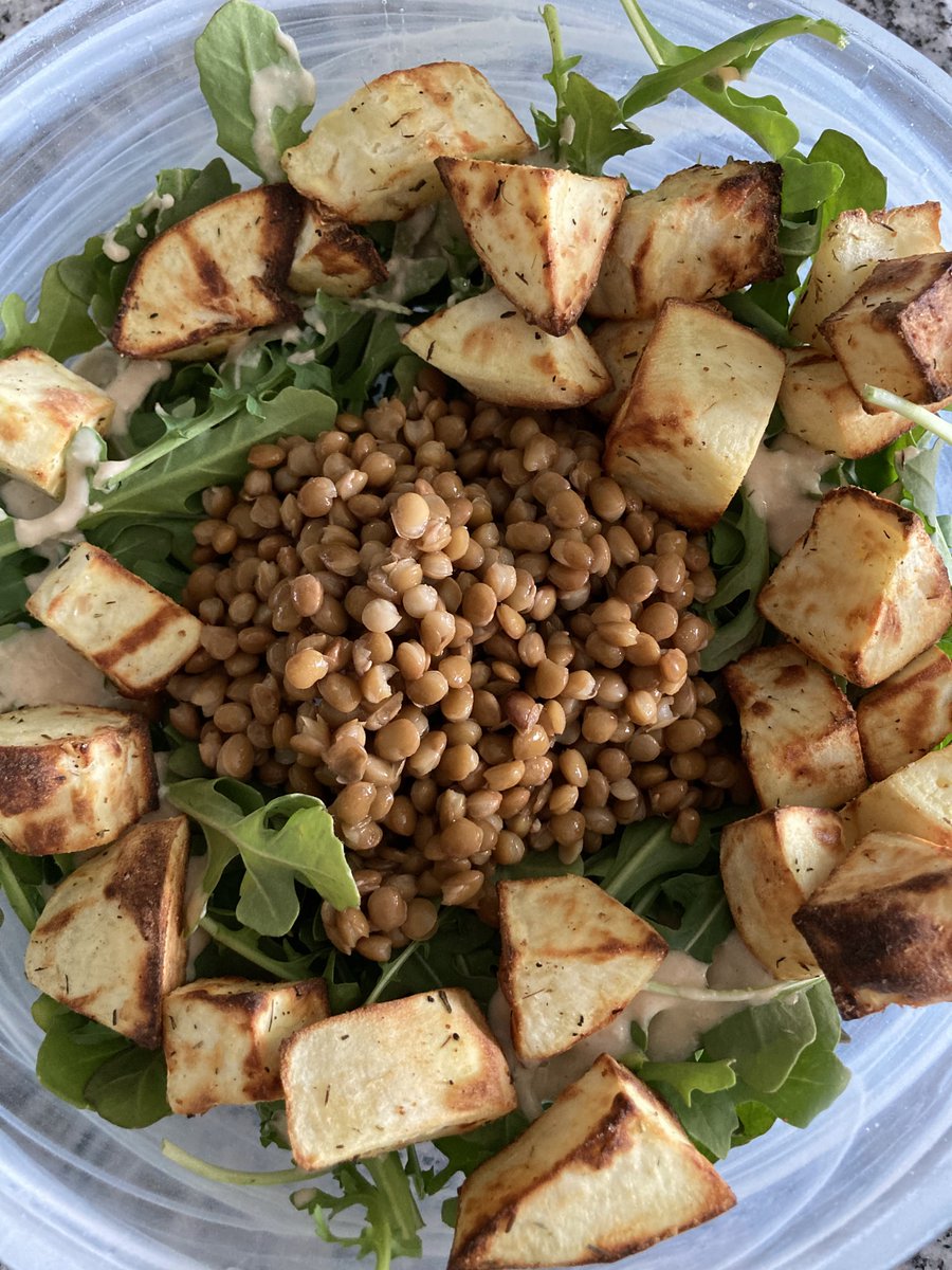 I'm now 5 years #vegan🌱&amp; it's 1 of the best things I've ever done for my health. This is my favourite salad: arugula, air fryer sweet potato, lentils, with tahini dressing. #plantbased