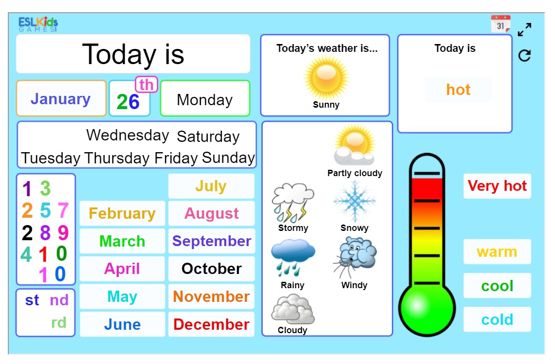 Compartimos un panel interactivo para pizarra digital para practicar las rutinas en inglés. 🙂
Esperamos que sea de utilidad. 😊
eslkidsgames.com/date-and-weath…