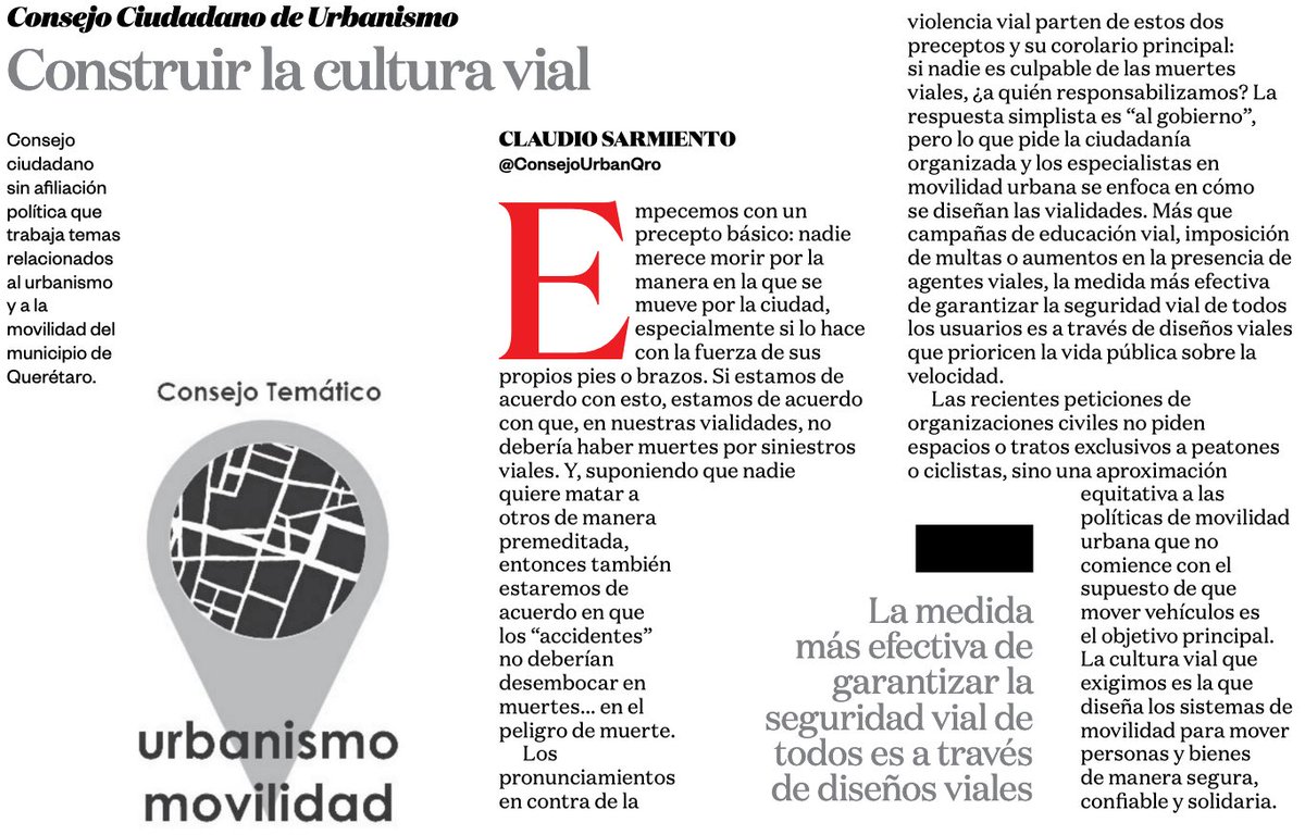 En #Querétaro hace falta #CulturaVial, pero ésta no emana de la nada. Si bien la  educación tiene un rol, el factor más determinante de la seguridad vial es el diseño. 

Les invitamos a leer al respecto en nuestra columna del sábado en el @am_queretaro 👇

amqueretaro.com/opinion/2022/1…