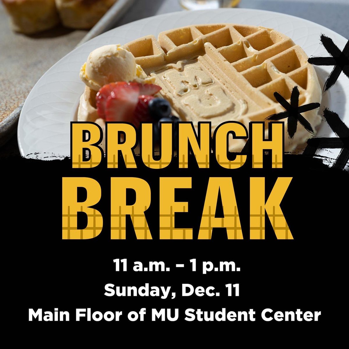 StuffToDoAtMU's tweet image. Take a break from the books and celebrate your hard work at Brunch Break 🧇 Come enjoy fluffy waffles, fuel up at the coffee bar and show off your best smile at our photo booth 😁 Meet us for Brunch Break this Sunday, December 11 in the MU Student Center from 11 a.m. - 1 p.m.