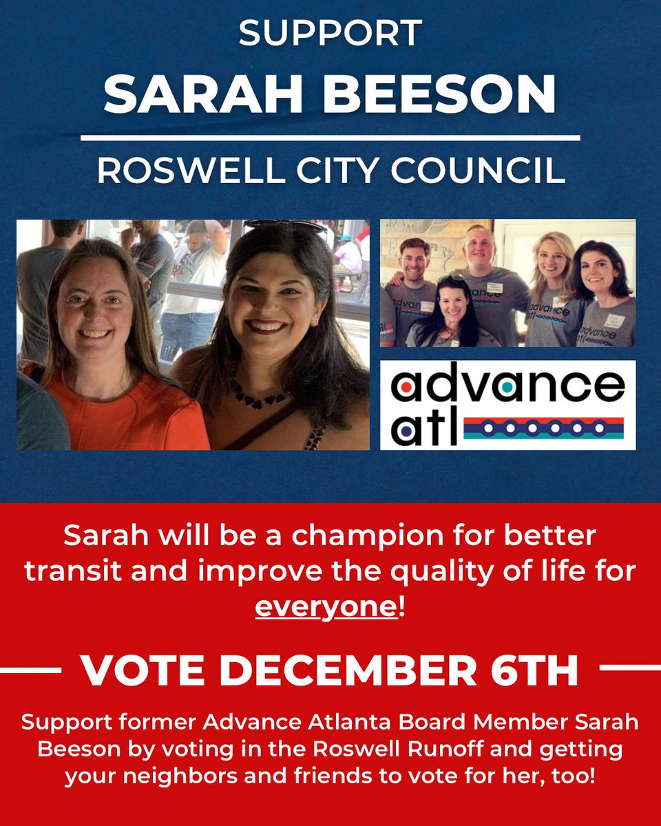 AdvanceATL's tweet photo. Tomorrow is one more Election Day, Georgia!

The most important thing we can do to get better transit is vote for pro-transit officials.

We support Sarah Beeson in her candidacy for Roswell city council!

She’ll be a transit champion for all when elected!

Good luck, Sarah! https://t.co/nuDXC5ChJp