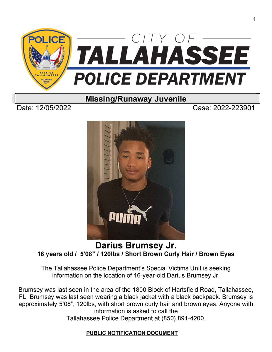 Please share to help locate this missing juvenile. If you have information regarding Darius’ whereabouts, please call TPD at 850-891-4200.