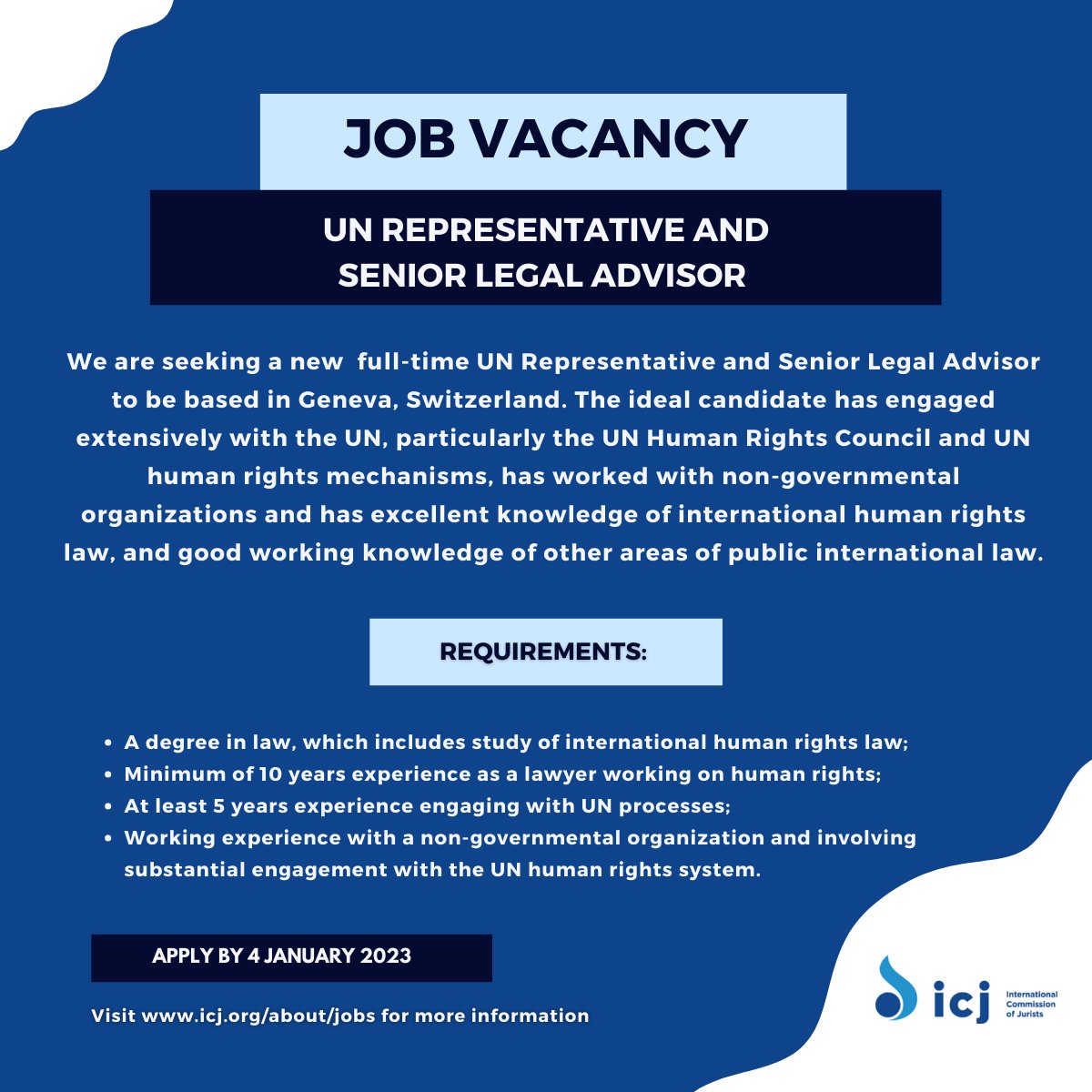 📢 #WeAreHiring! 

Are you a #humanrights lawyer with experience working in #NGOs & engaging with UN processes? #ApplyNow to be our UN Rep & Snr Legal Adviser in Geneva!

Visit our website for more details about this exciting position: icj2.wpenginepowered.com/wp-content/upl…

#HumanRightsJobs