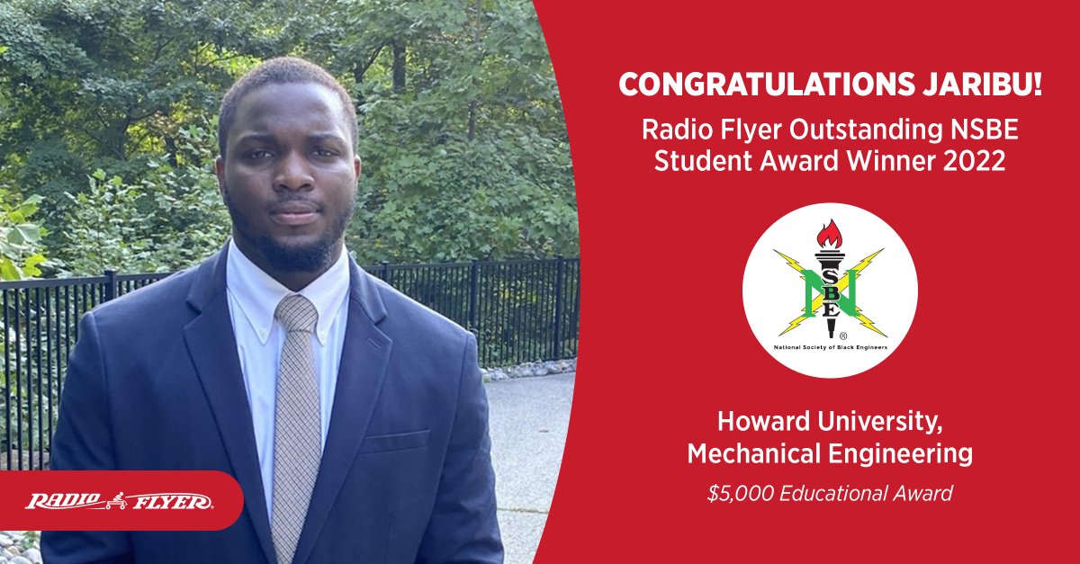 RadioFlyerJobs's tweet photo. Congratulations to Jaribu, our Radio Flyer Outstanding NSBE Student Award recipient from @HowardU! Jaribu is a junior studying Mechanical Engineering. Outside of class and NSBE, Jaribu is the VP of the Howard University Robotics Organization. #HowardBison https://t.co/ji3zRKNhen