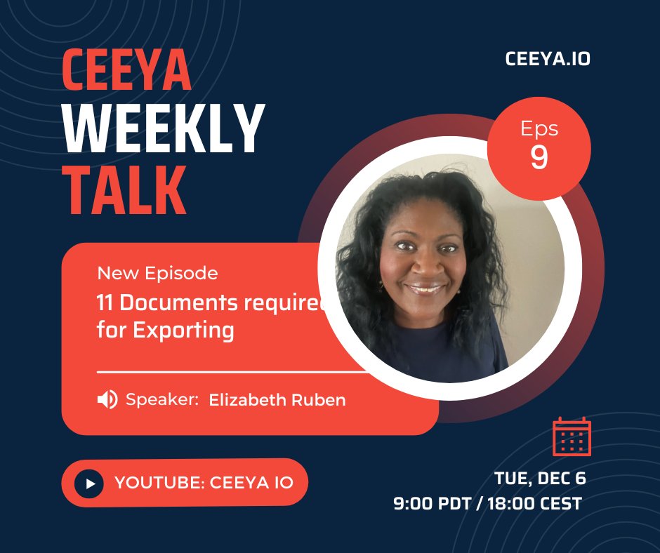 ceeyahello's tweet photo. Elizabeth Ruben is a scope expert who served in the import and export industry for 30 years. 
Ceeya OnAir: “11 Documents required for Exporting” by Elizabeth Ruben ( 30m + Q&amp;A )
When: December 6th Tuesday 9:00 PDT / 12:00 EDT / 18:00 CEST 
More info - https://t.co/El6rZkAqbo https://t.co/xc6GoT6ljF